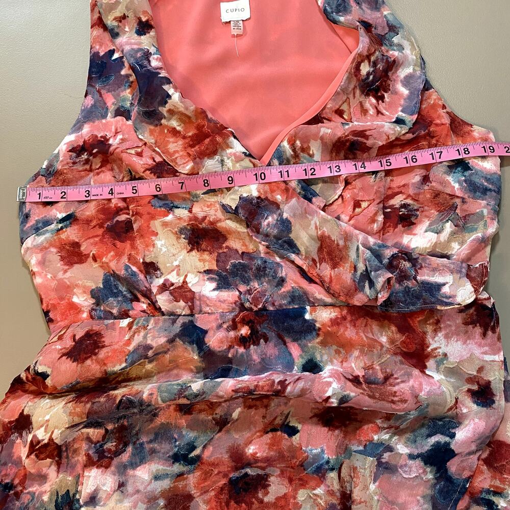 Cupio Womens Large Floral Faux Wrap Dress Coral Ruffle Wedding Vacation - Picture 7 of 8